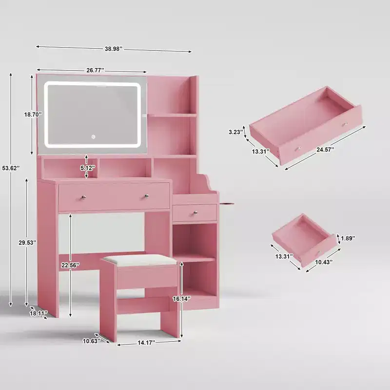 HYLEORY Vanity Desk with Mirror, Power Outlet, Hair Dryer Bracket, Makeup Table with 2 Drawers,3 Color Modes Available for Bedroom
