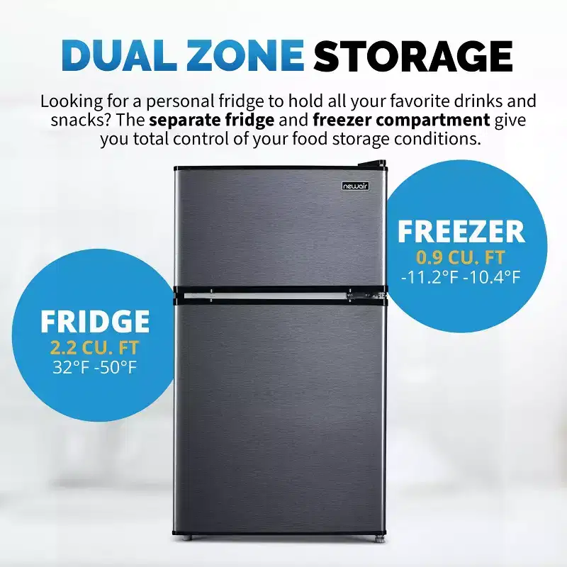 Newair 3.1 Cu. Ft. Mini Fridge with Freezer, Energy Star Certified, Dual Zone Refrigerator, Interior LED Light, Crisper Drawer