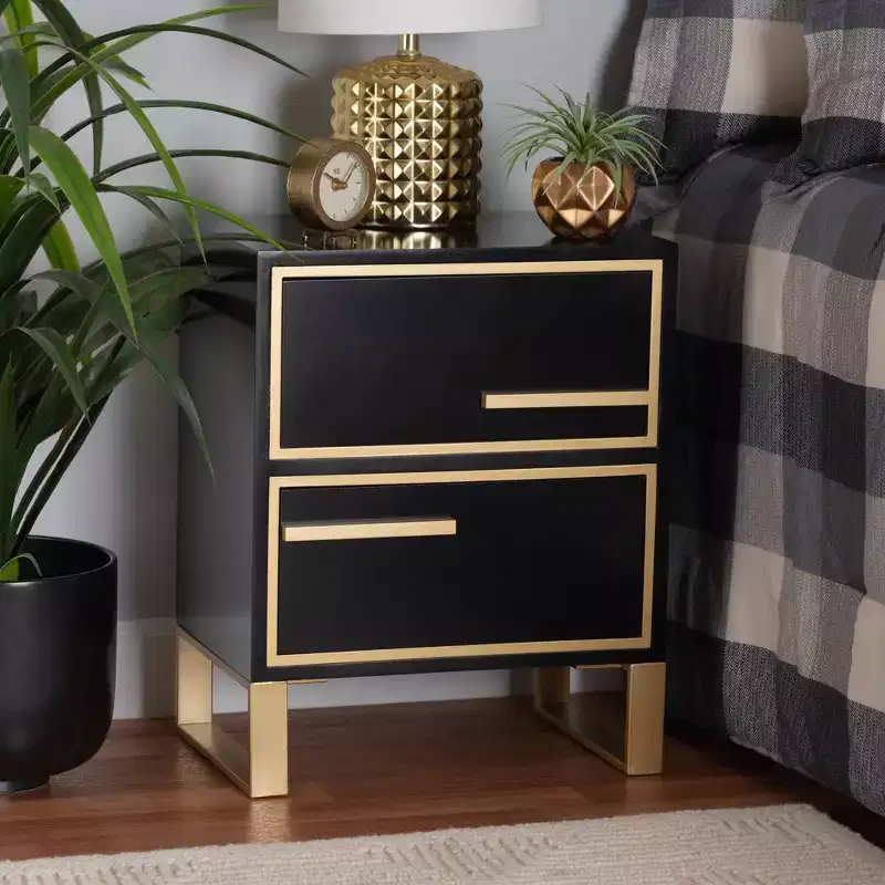 2-Drawer End Table in Black and Gold – Metal Frame with MDF Top
