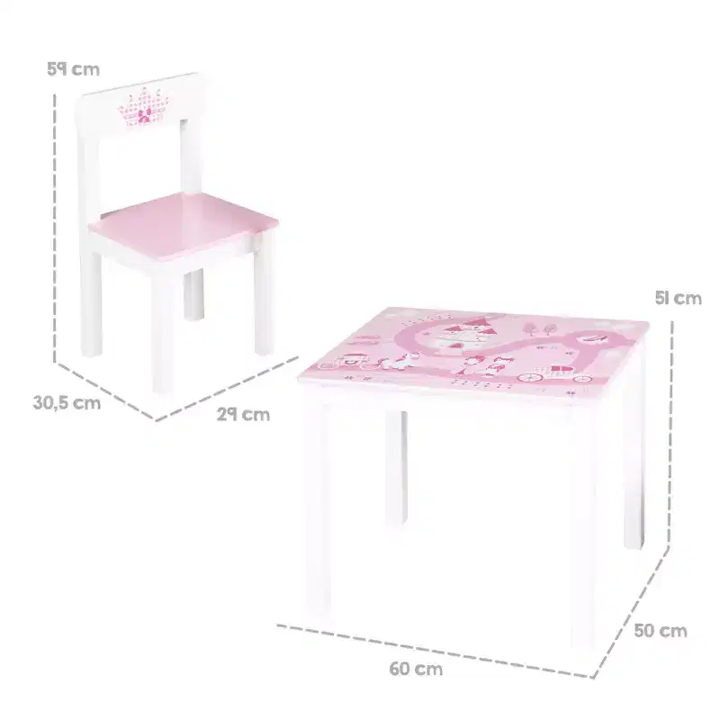 Roba: Kids Wooden Table & 2 Chairs Set, Pink Princess theme