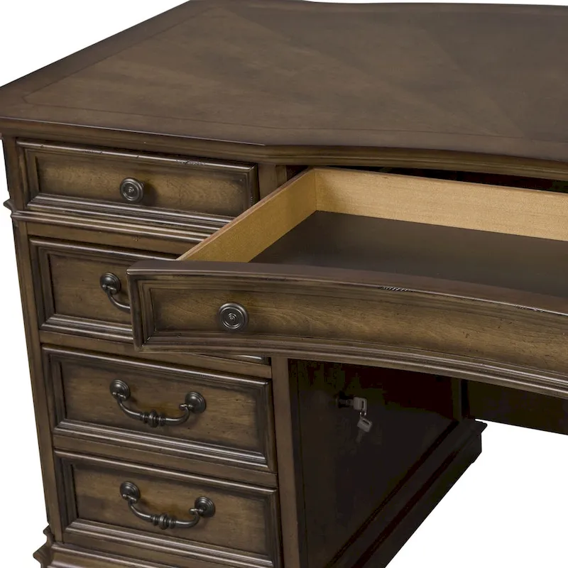 Antique Toffee Traditional Jr. Executive Desk with 7 Drawers and Locking File Drawers – Single Unit