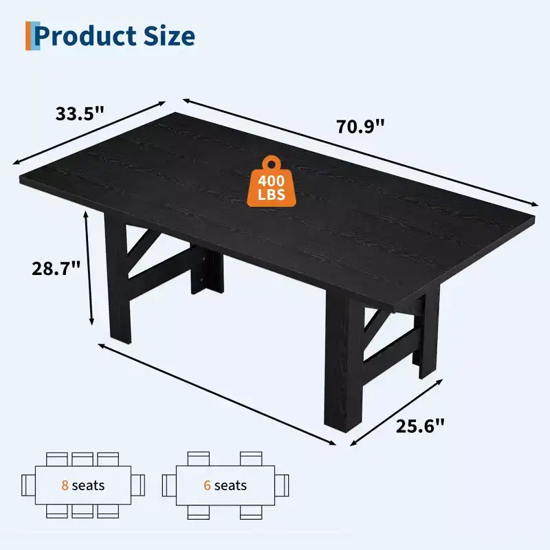 71 Farmhouse Dining Table for 6-8, Large Rectangular Wooden Kitchen Room Table Only w/ Heavy Duty Base & Triangular Legs for Home & Office