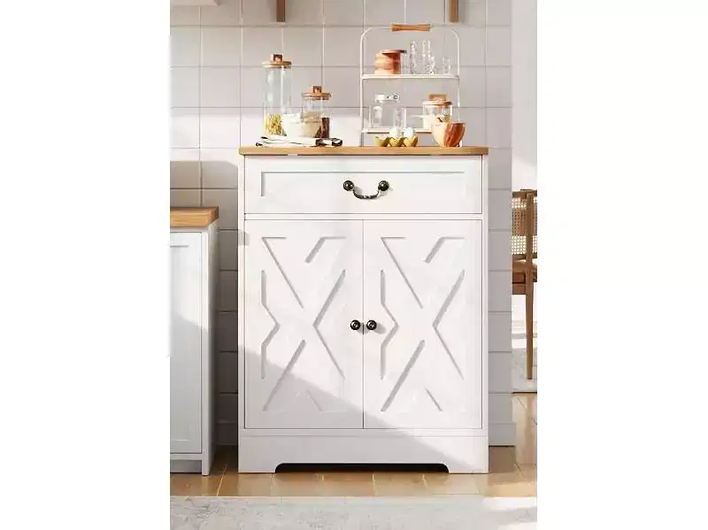 Farmhouse Buffet Cabinet with Storage,White Sideboard with 4 Doors & 2 Drawers, Adjustable Shelves Coffee Bar Cabinet,Multi-Functional Storage