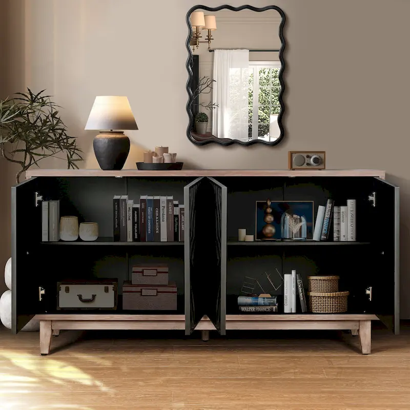 Mid Century Sideboard Buffet Cabinet with Solid Wood Legs 60 Kitchen Storage Cabinet Credenza with 4 Doors and 2 Shelves