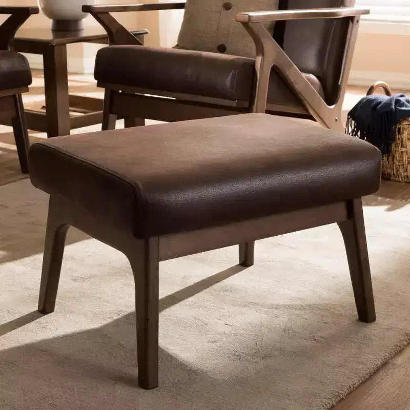 Walnut Brown Faux Leather Mid-Century Ottoman, Seats 1