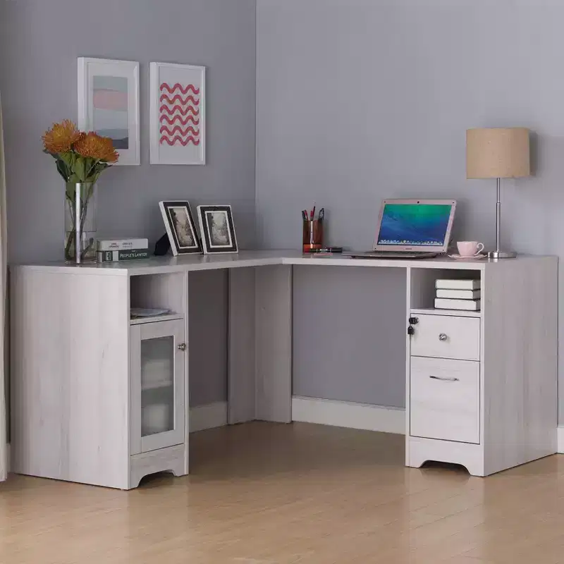 Ghally Locking Drawer L-Shape Desk with USB Ports White Oak - miBasics: Equipped with File Storage, Matte Finish