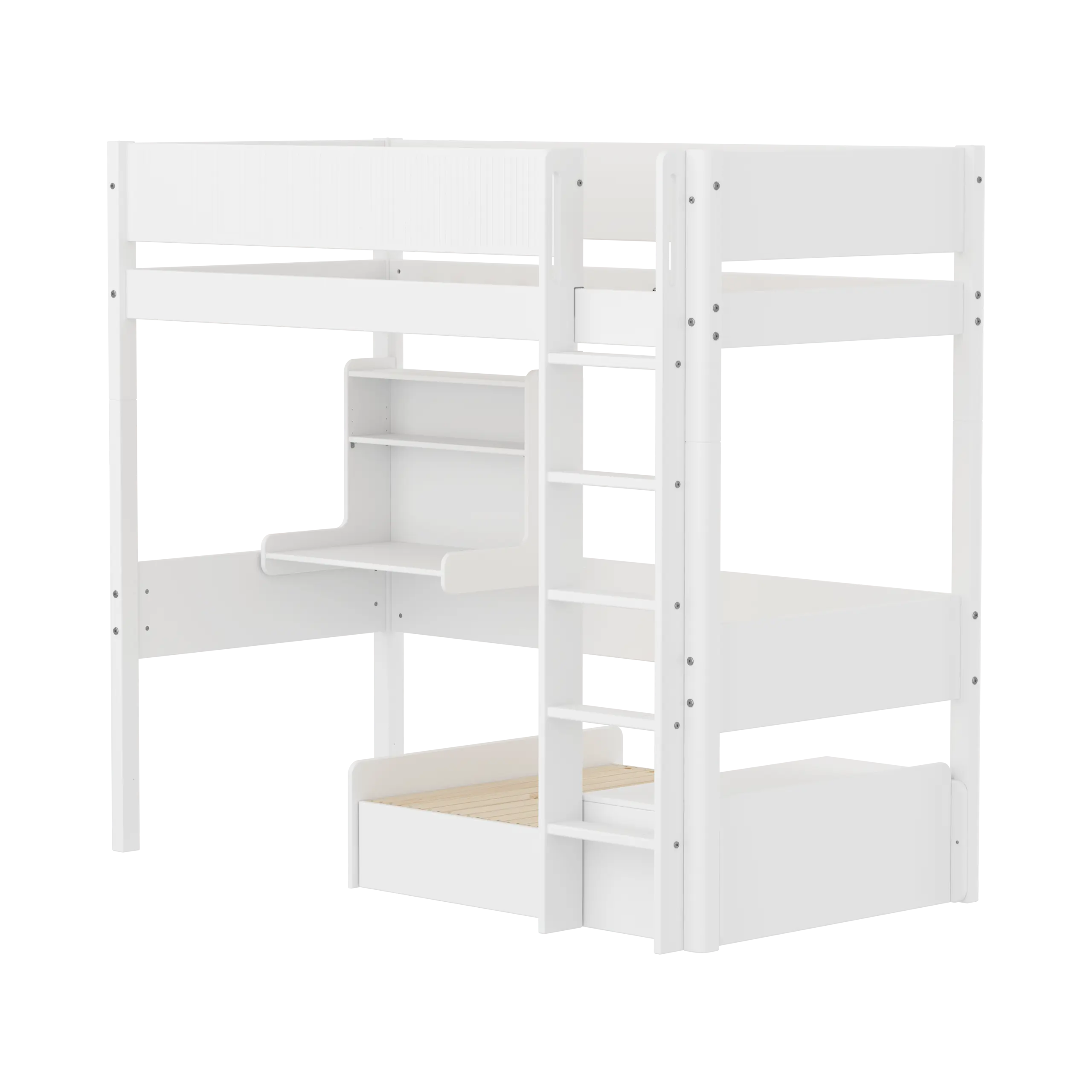 High Bed 184 cm with Sofa, Desk, Ladder and Safety Rail, 90x200 cm, White