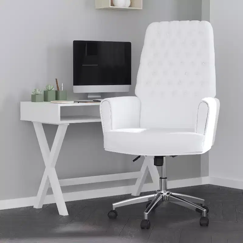 High Back Button Tufted Faux Leather Swivel Home Office Chair with Welt Trimmed Arms