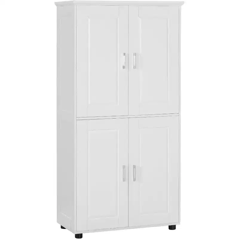 Tall and wide bathroom floor storage cabinet, freestanding unit with 4 doors, adjustable shelves, bathroom storage cabinet white