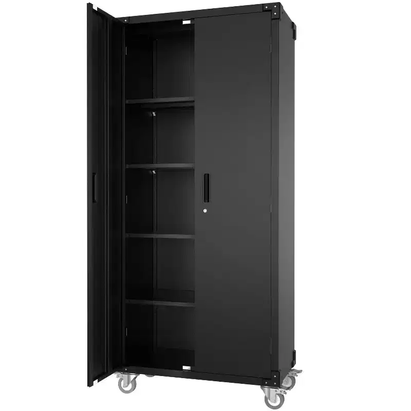 Metal Storage Cabinet with Wheels, Lockable Tool Cabinet with 4 Adjustable Shelves for Garage and Pantry