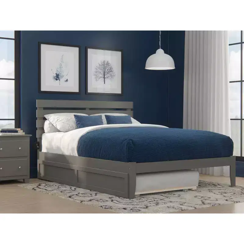 Queen Platform Bed with USB Charger & XL Trundle, Solid Hardwood Gray