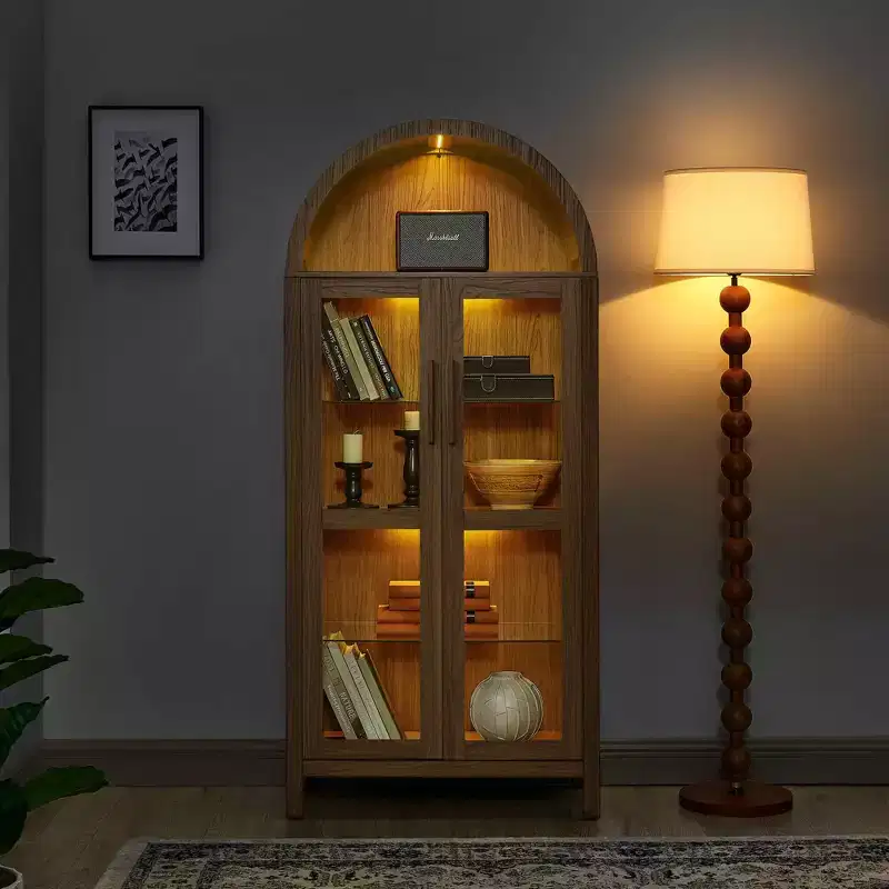 MAYEERTY High Arched Storage Cabinet with Lamp, Modern Retro-Style Wooden Storage Cabinet with Adjustable Glass Partitions Brown