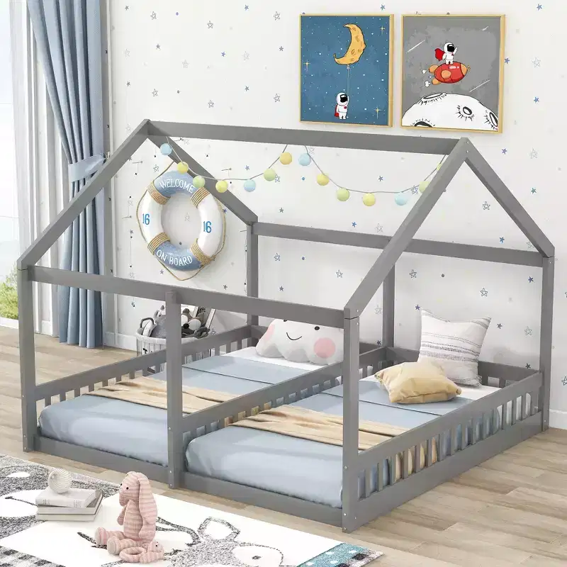 Whisen Morden Design Twin Size Wooden House Platform Beds with 2 Shared Beds