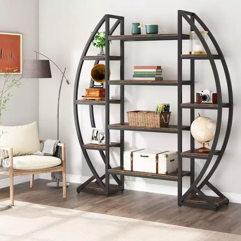 Oval Bookshelf, Triple Wide 5-Tier Etagere Bookcase, Industrial Display Shelves for Living Room, Brown, 55 Inch