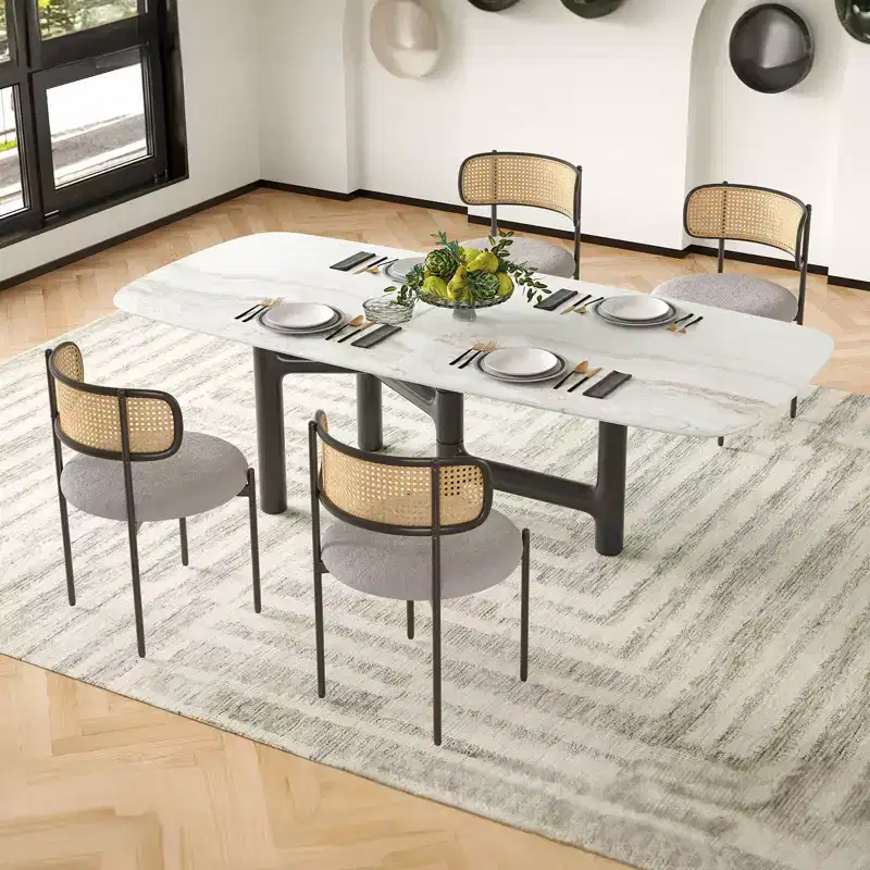 PexFix 4Pcs Modern Upholstered Dining Chairs Rattan Back Dining Room Chairs Accent Kitchen Chairs with Metal Legs Light Gray