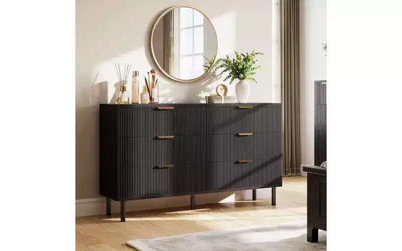 Fluted 6 Drawer Dresser, Chest of Drawers with Metal Handles and Legs, Wooden Dresser TV Stand, Clothes Storage Cabinet