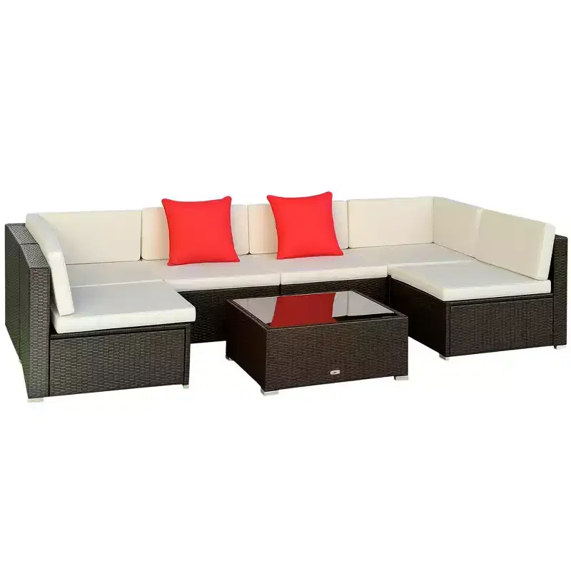 7 Piece Outdoor Patio Furniture Set, PE Rattan Wicker Sectional Sofa Set with Couch Cushions, Throw Pillows and Coffee Table