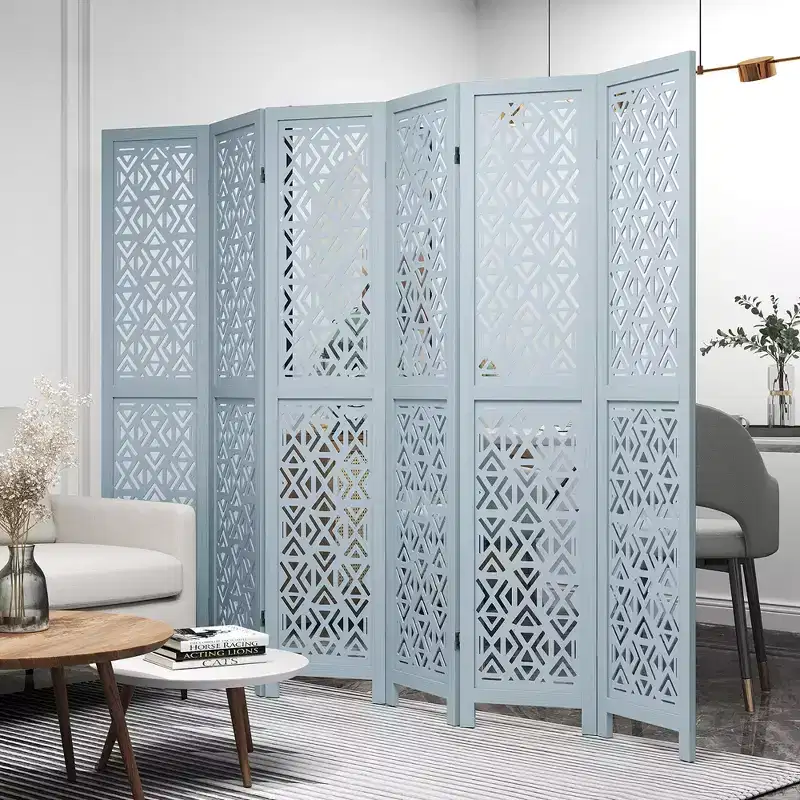 Costway 6-Panel Wooden Room Divider w/ Carved Cutout Pattern & Solid Wood Frame