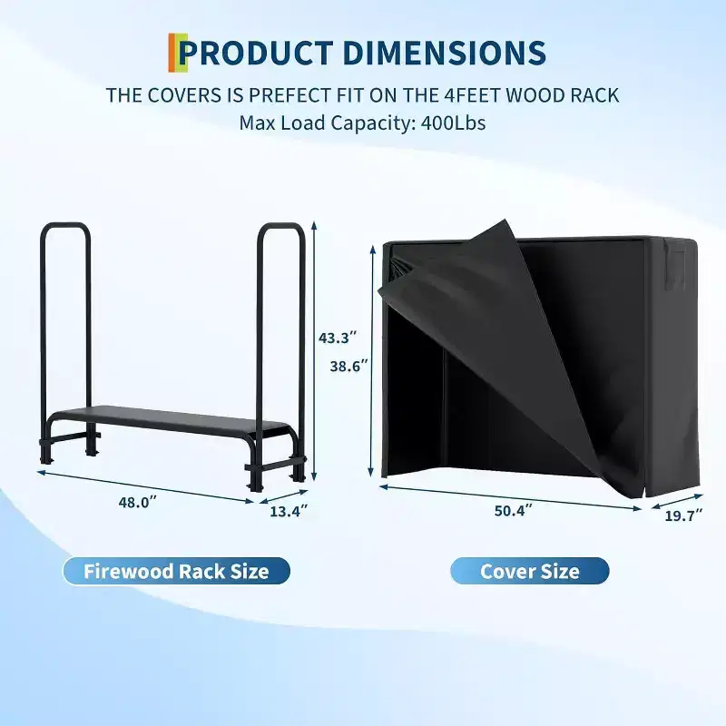 Full Covered Firewood Rack with Black Waterproof Cover, Outdoor Metal Log Holder with Zipper for Fireplace Porch Patio
