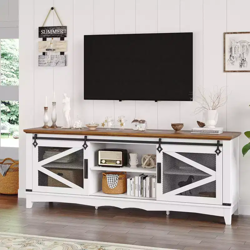 Modern Farmhouse TV Stand, Fits 75 TV - 65 White Entertainment Center with Sliding Barn Doors, Storage Compartments and Adjustable Shelves