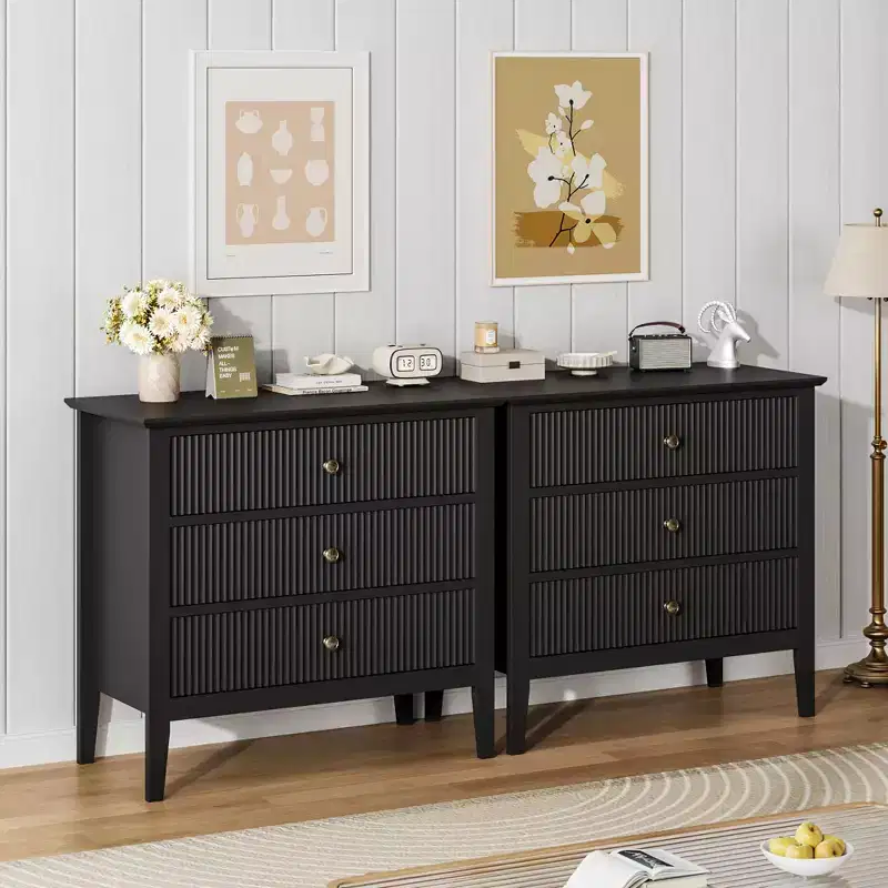 3 Drawer Dresser Set of 2, Fluted Wood Chest with Gold Handles Wide Storage Cabinet with Metal Legs for Bedroom, Living Room, Hallway, Entryway