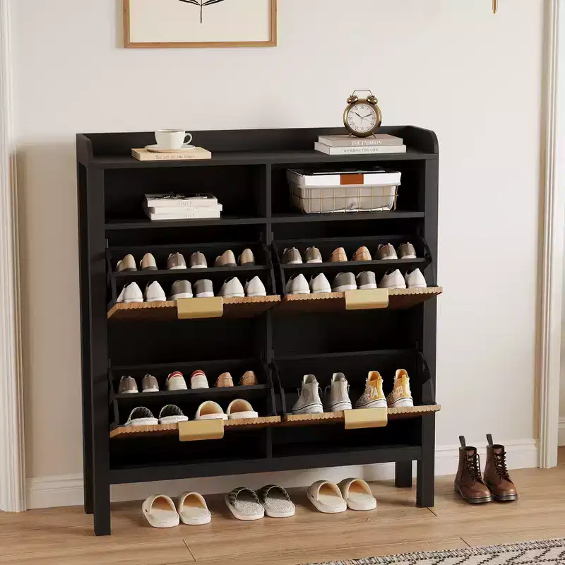 4-Drawer Flip-Top Shoe Cabinet - Vacuum-formed MDF with wave design, dual-compartment storage, ideal for balconies and storage rooms
