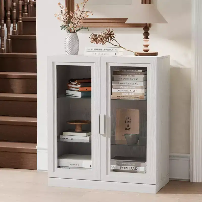 36 in. Tall Wood Grain Storage Cabinet in White, Storage Organizer with 2 Glass Doors for Bedroom Living/Dinning Room