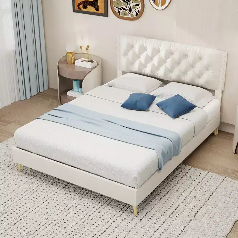 GDFStudio Ruskin Modern Wood and Velvet Upholstered Bed with Tufted Headboard