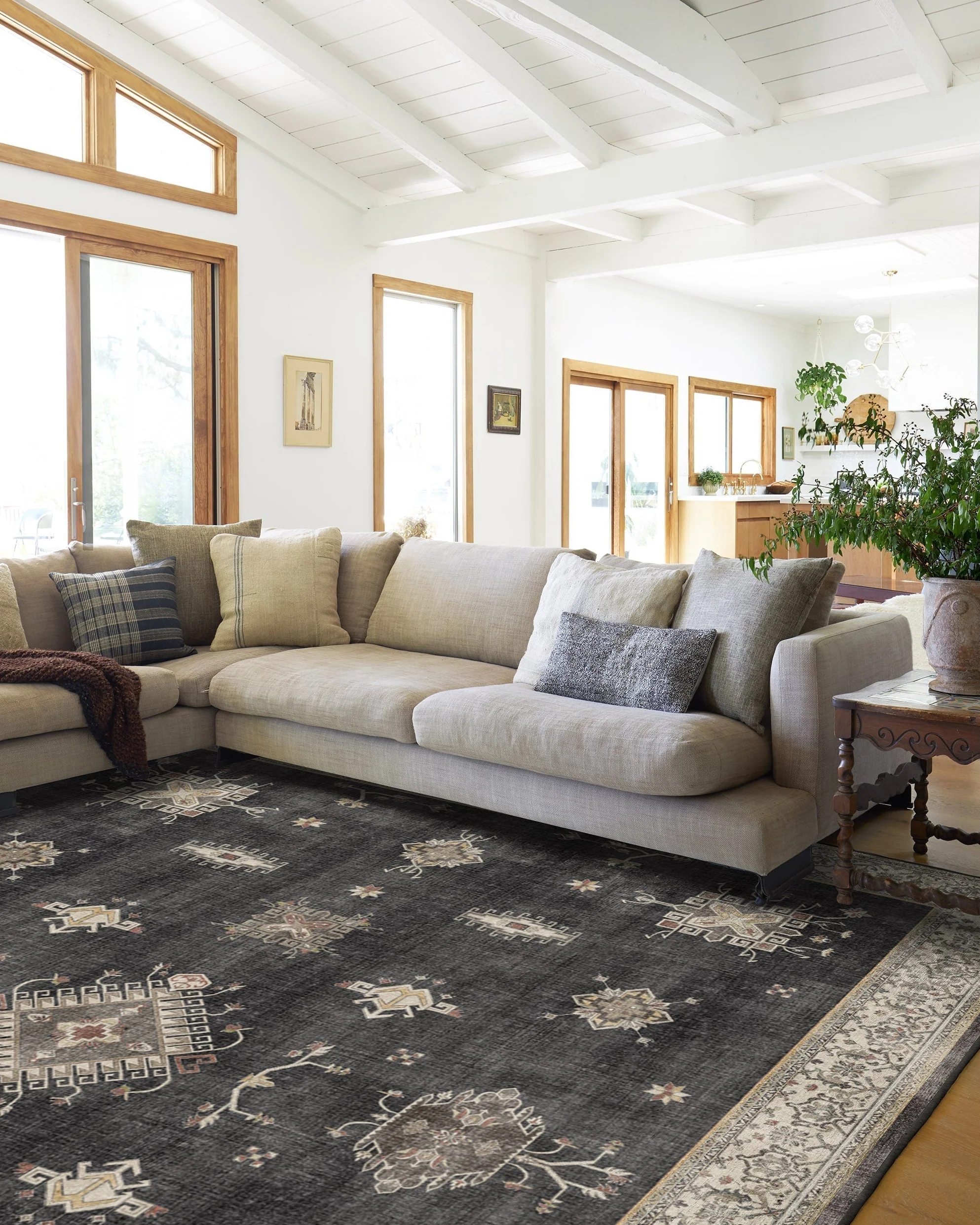 Modern Farmhouse Persian Flatwoven Rug with Washable Dark Wood Gem Pattern for Living Room & Dining Room