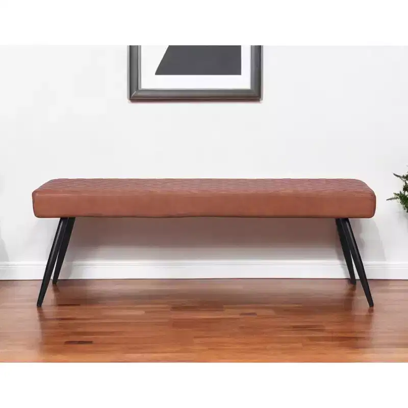 54-Inch Brown Faux Leather Upholstered Dining Bench – Black Metal Legs