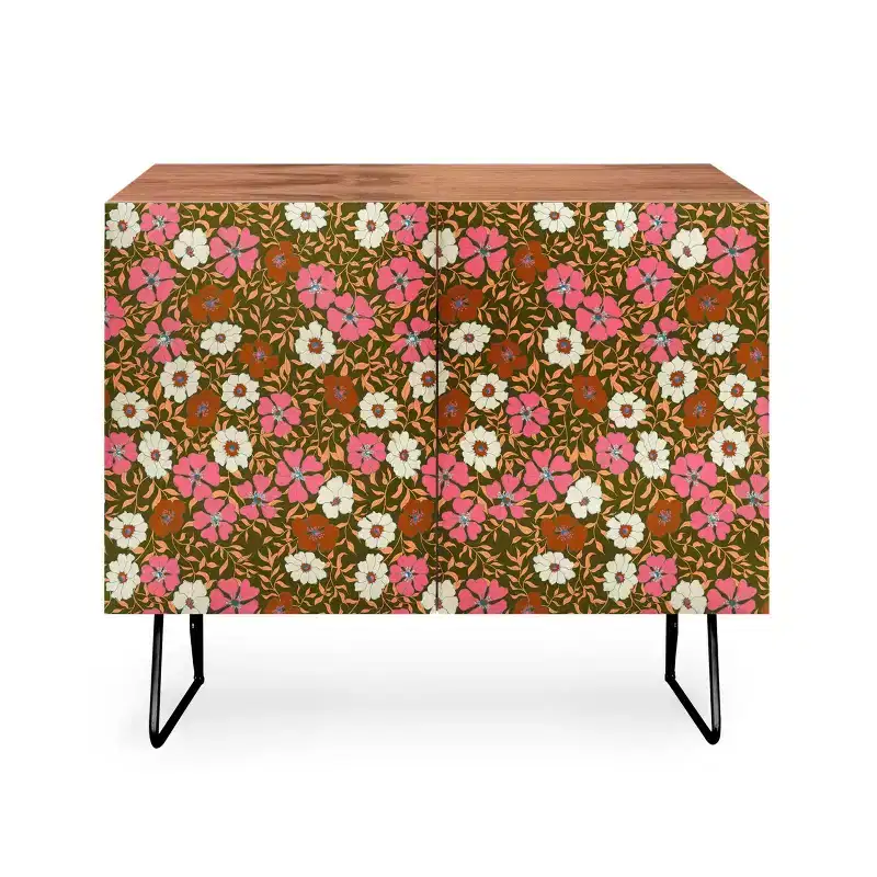 Floral Olive Walnut Credenza
