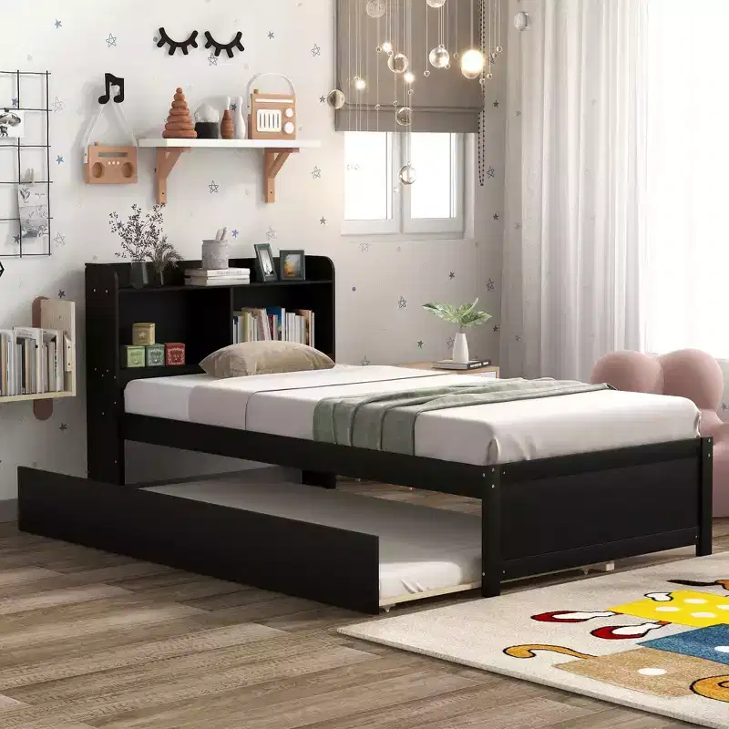 Twin Platform Bed with Storage Headboard, Pull-Out Trundle, Sturdy Pine Wood, Brown