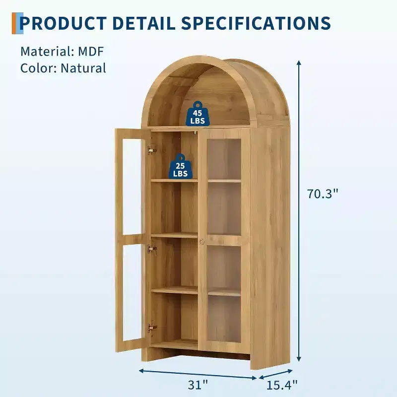 COZONY 70 Tall Arched Display Cabinet with Clear Acrylic Doors, 5 Adjustable Shelves, Wood Storage Pantry Hutch for Kitchen, Dining Room, Oak
