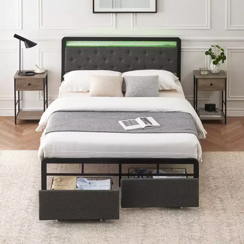 Full Size Upholstered Bed Frame with Storage Drawers & Button Tufted Headboard, Strong Wooden Slats Support Mattress Foundation, No Box Spring Needed