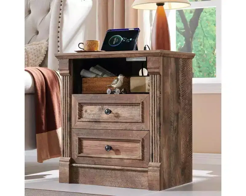 26 Nightstand with Charging, 23.6 Farmhouse Table Open Shelf & 2 Drawers