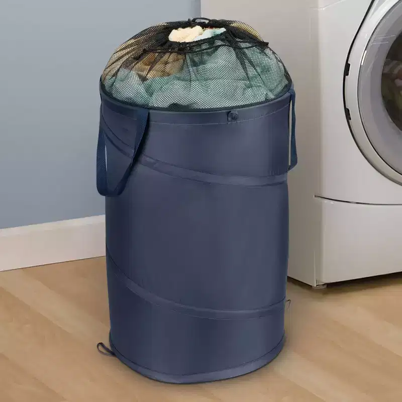 Mesh Pop Up Laundry Hamper, Mesh Top with Drawstring Cord, 2 Sturdy Handles, Navy
