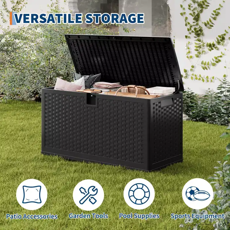Large Outdoor Waterproof Resin Deck Storage Box  80-120 Gallon Lockable Organizer for Patio Cushions, Tools, Pool Gear  Brown or Black Rattan Look