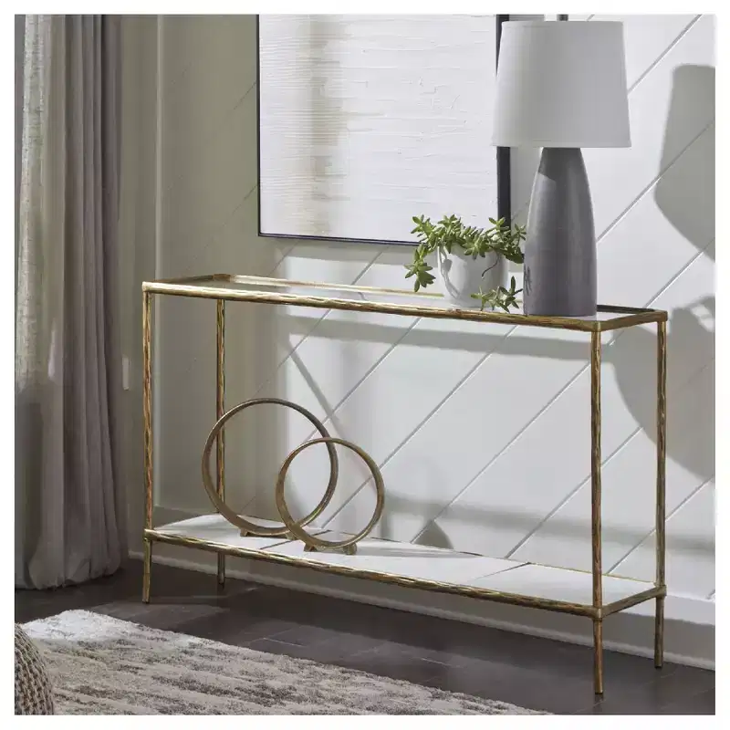 Console Sofa Table, Antique Brass Finish with Glass Top & Marble Shelf