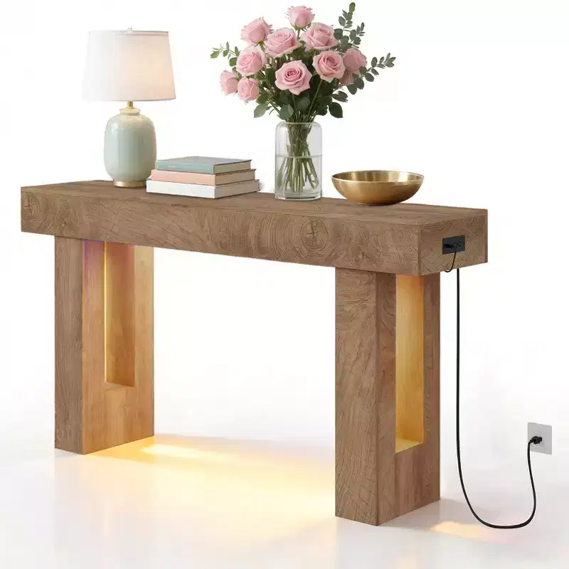 Farmhouse Console Table, Wooden Entry Table with Storage Shelf, Narrow Sofa Table for Hallway, Foyer, Sandalwood