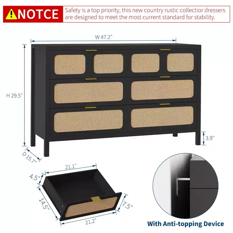 6 Drawer Dresser, Rattan Dresser for Bedroom with Metal Handles, Farmhouse Wood Storage Chest of Drawers for Bedroom, Living Room, Hallway, Entryway