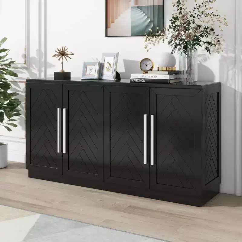 Modern Sideboard Buffet Cabinet with Adjustable Shelves and Silver Handles for Kitchen, Dining Room, or Living Room,Black