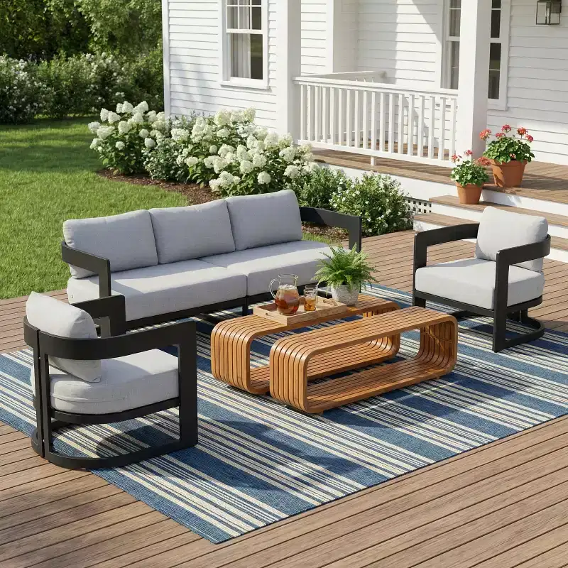Christopher Knight Home Melow 5 Piece Modern Patio Aluminum Seating Set with Acacia Wood Coffee Tables