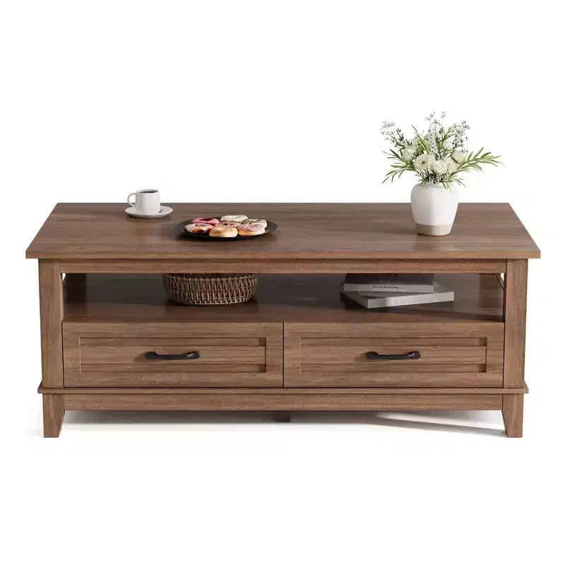 Coffee table with drawers, 47.2 inches, country style, with open shelving and 6 support legs.