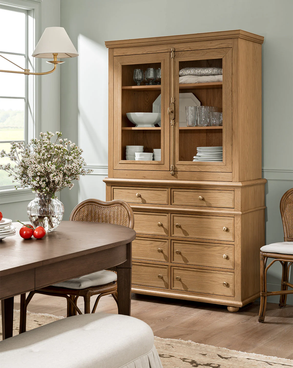 Traditional Oak Cabinet with Glass Doors & Round Pulls for Living Room