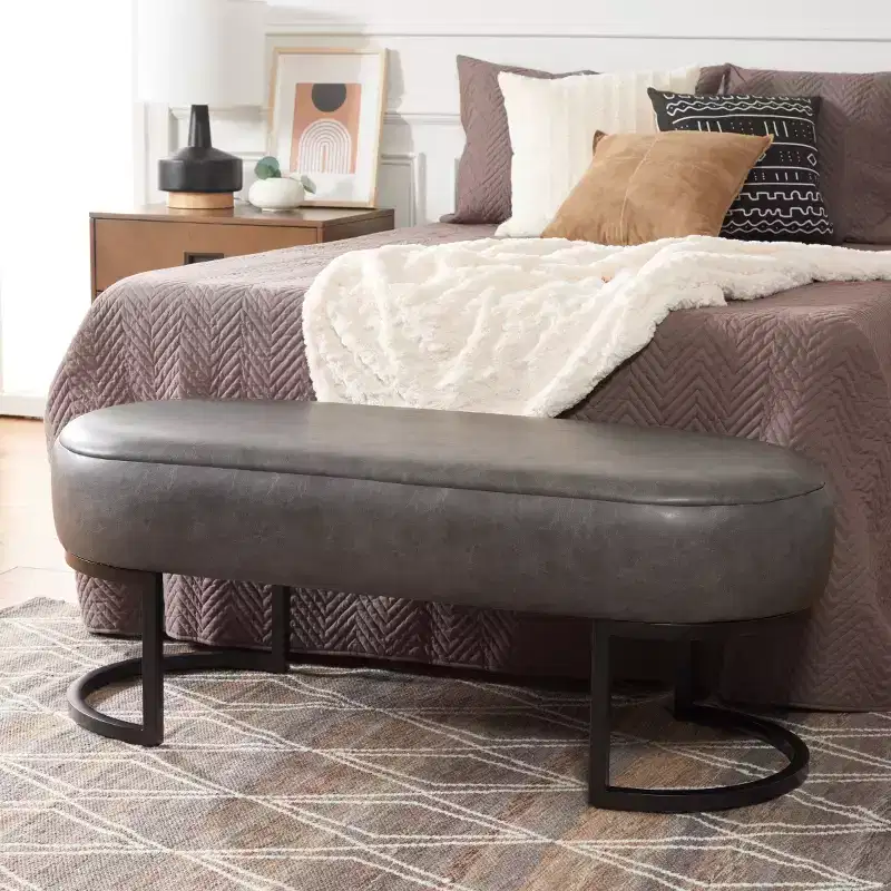 Oval Bench, Grey PU Leather Seat, Elegant Accent Seating - BCH6403