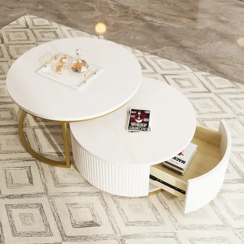 Modern Round Nesting Coffee Table Fluted with Drawer
