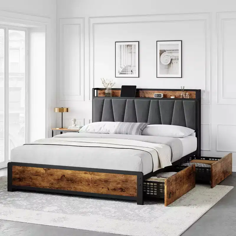 Rustic Brown Storage Bed Frame with 4 Drawers and Charging Station