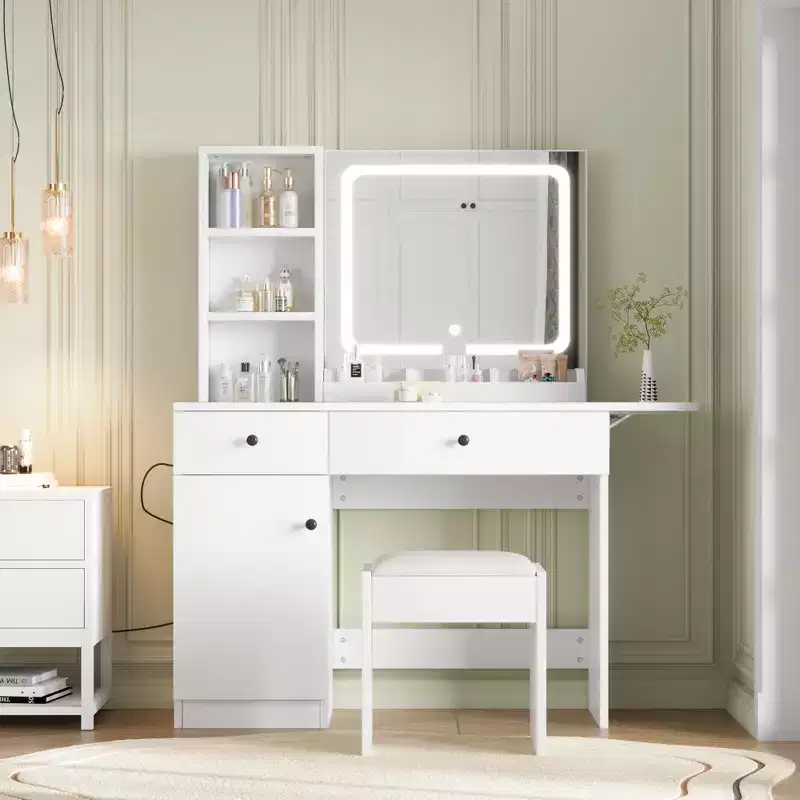 Vanity with mirror and light, sliding illuminated mirror makeup table, 3 lighting modes, 5 large drawers, perfect for the bedroom