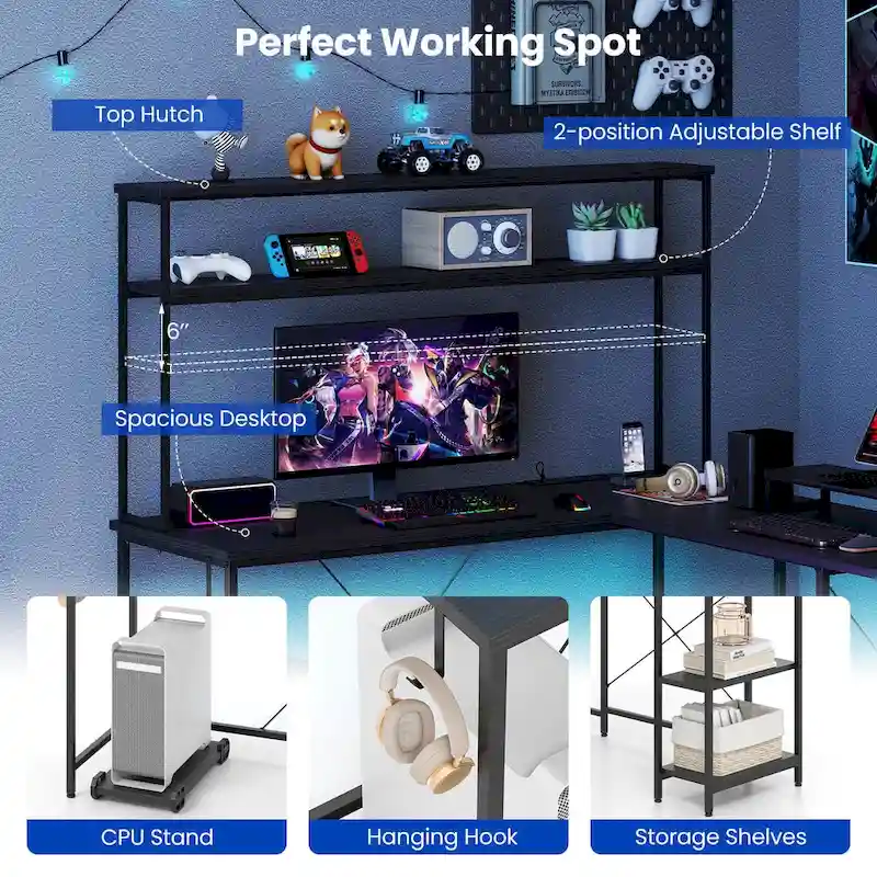 L-Shaped Gaming Desk with LED Strip & Power Outlets
