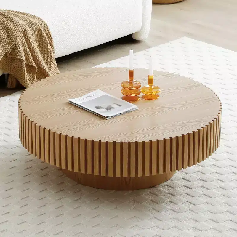 39.37 Modern Round Coffee Table for Living Room, MDF Wood Handcrafted Drum Table - Panipeachy